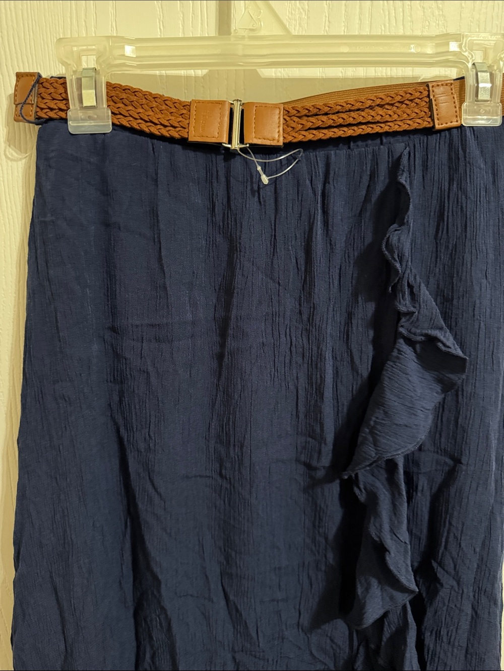 Amy Byer Ruffle Front Maxi Skirt Girls Large 14 NWT Navy Blue Braided Tan Belt - Picture 3 of 8